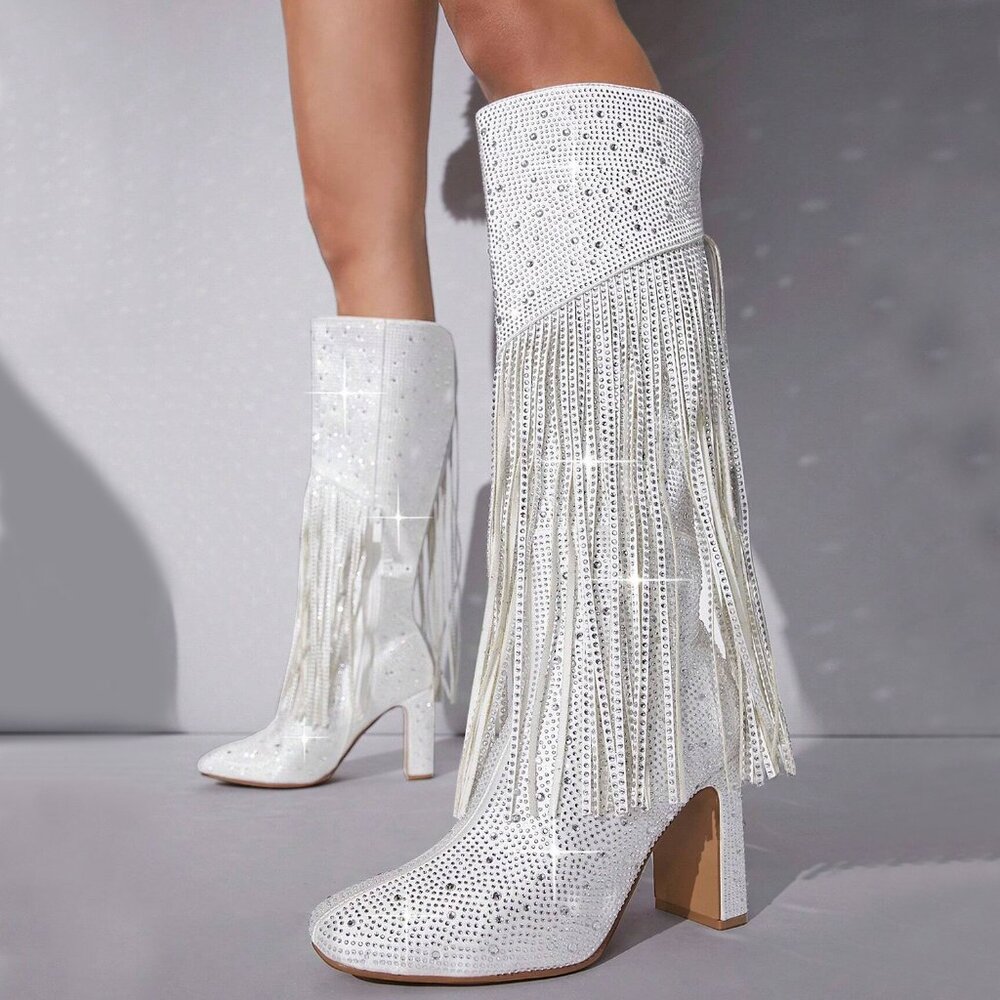 White Rhinestone Fringe Knee-High Heeled Boots